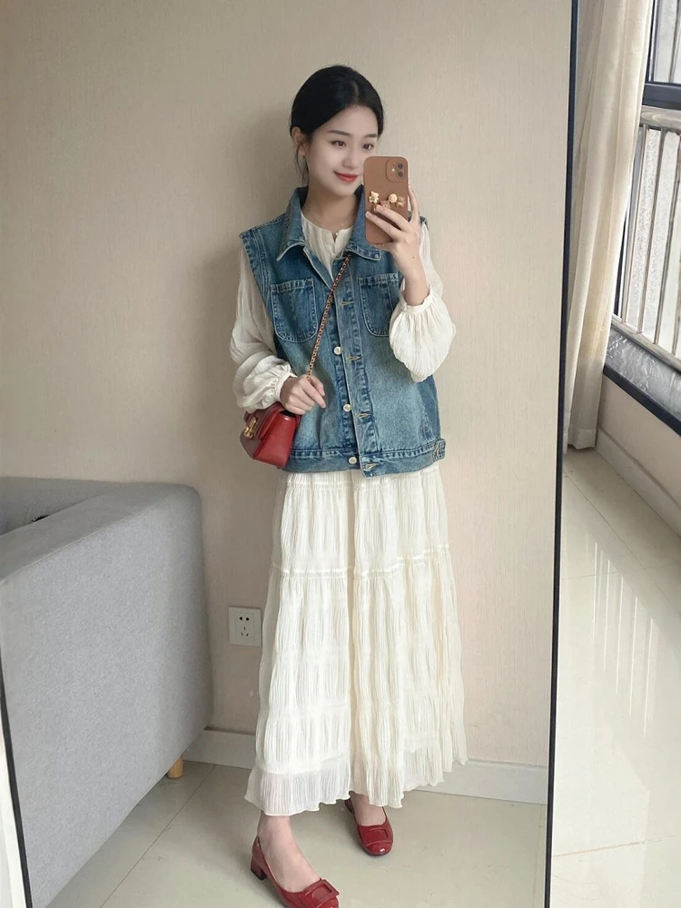 

Salt Series plus Size Women's Faionable Vintage Denim Vest And Dr Set Autumn Wear Casual Sle Long Sve Button up