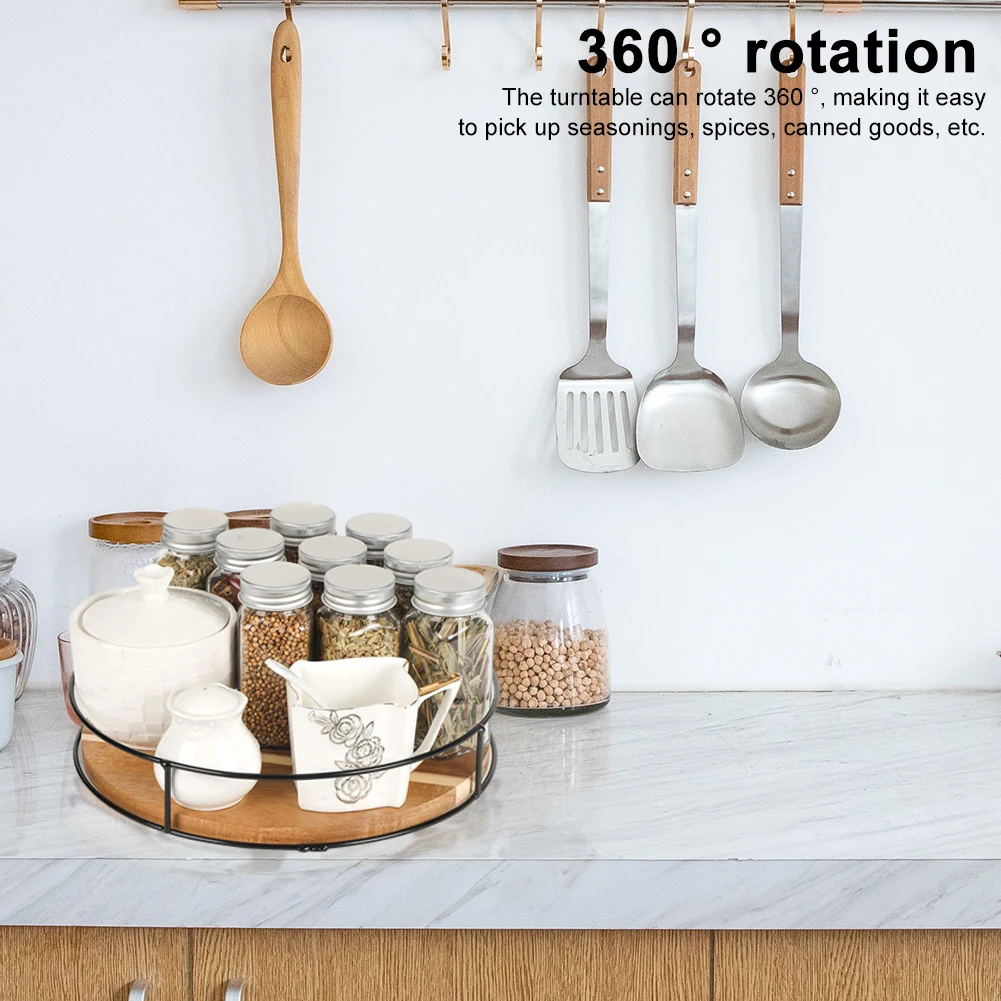 360 Degree Rotating Turntable Organizer Versatile Countertop Storage Rack Round Wooden for Cabinet Dining Table