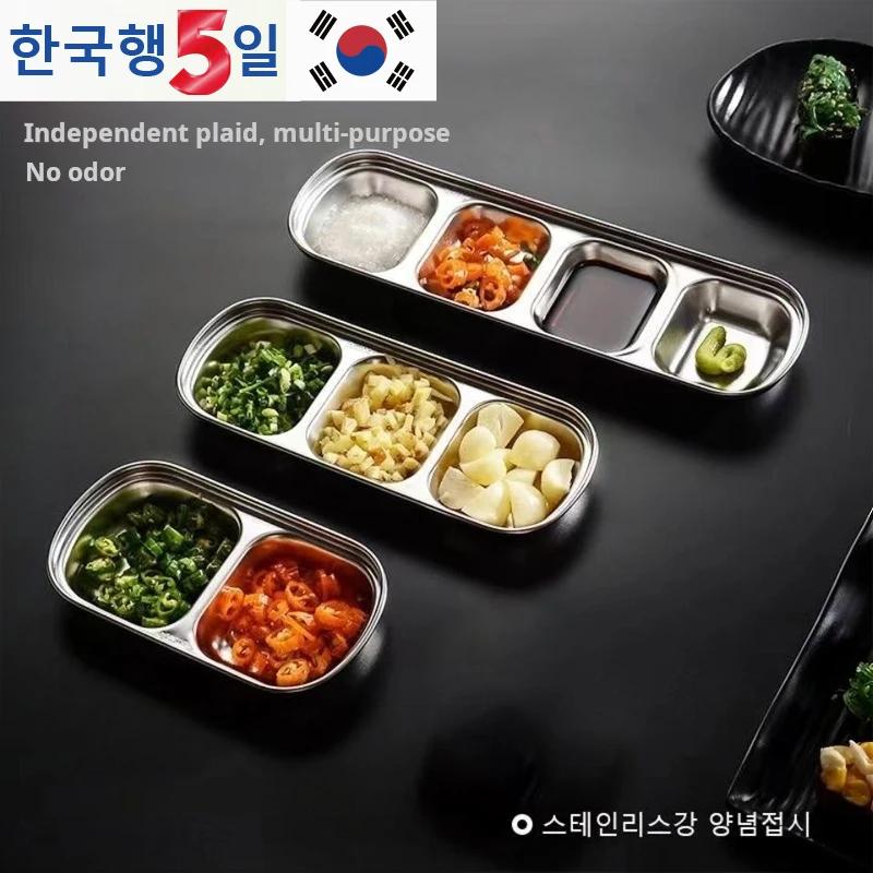 Plato de acero inoxidable con divisiones para salsas, condimentos, vinagre, especias, kétchup, sal, azúcar y otros sabores para barbacoa