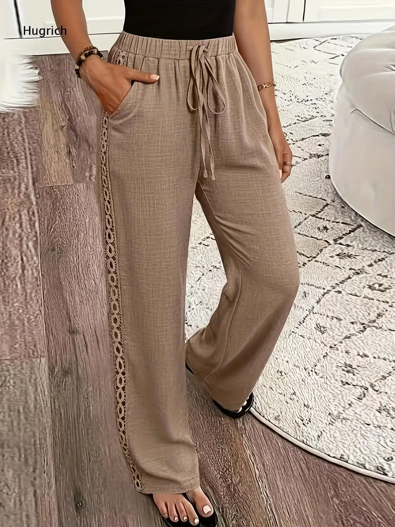 Casual Hollow Lace Side Wide Leg Pants Women Elastic Waist Drawstring Pocket Summer Walking Trousers