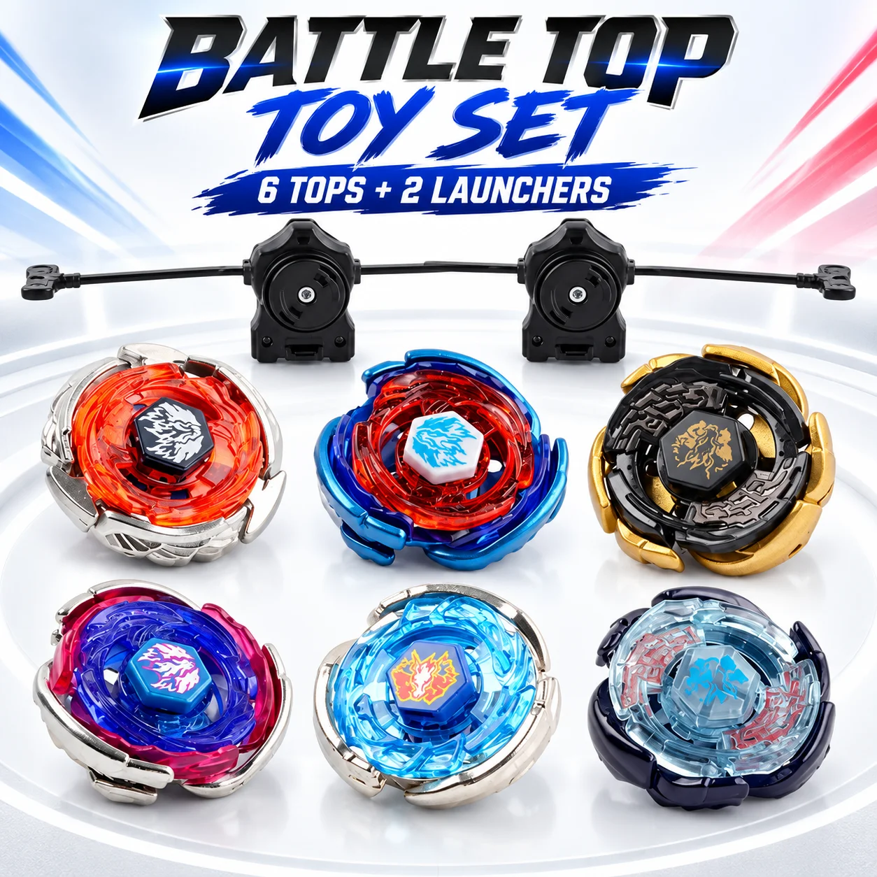 6PCS Metal Spinning Battle Tops Set with 2 Launchers, High-Speed Gyro Fighting Toys, Colorful Collectible Battle Game Gift