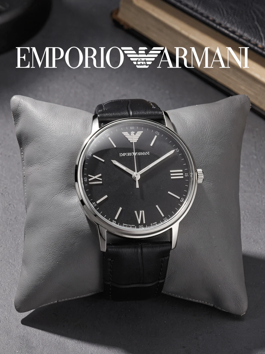 Emporio Armani AR11013 Men's Quartz Watch Silver Case Black Leather Strap Black Dial Roman Numeral Index Business Gift Watch