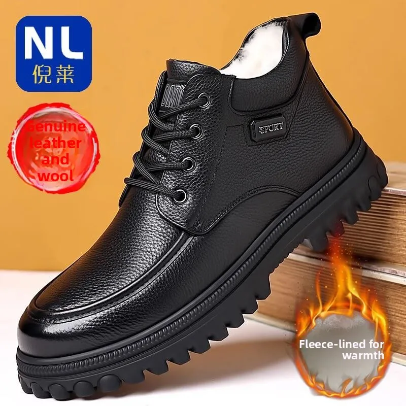 Thickened Fleece Lined Warm Cotton Leather Shoes Men's Leather Upper High Top Dad Shoes Soft Bottom Casual Winter Boots