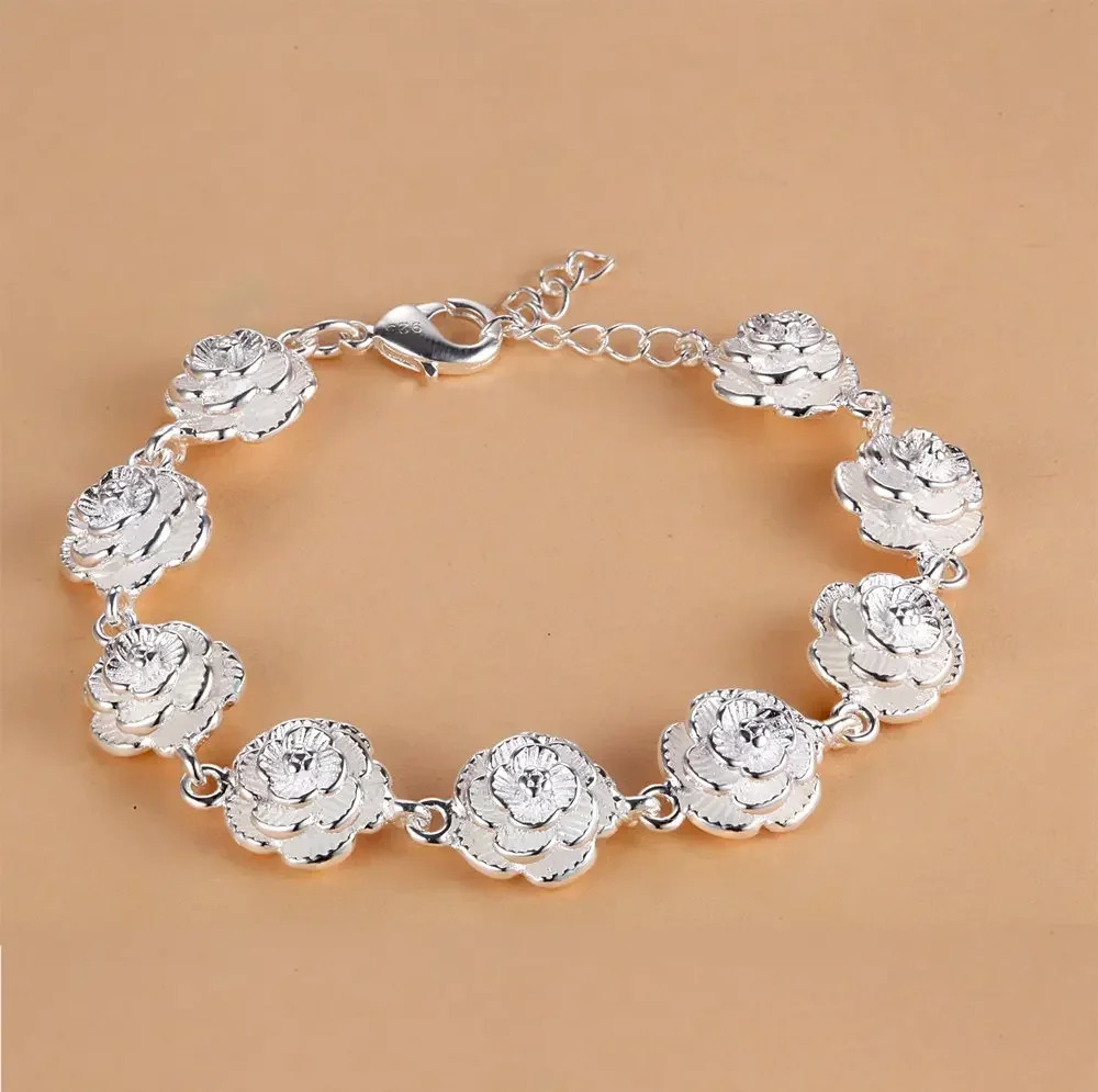 

Wholesale Hot 925 Sterling Silver Flower Chain For Women Men Lady Cute Noble Nice Bracelet Fashion Charm Jewelry Wedding Gift