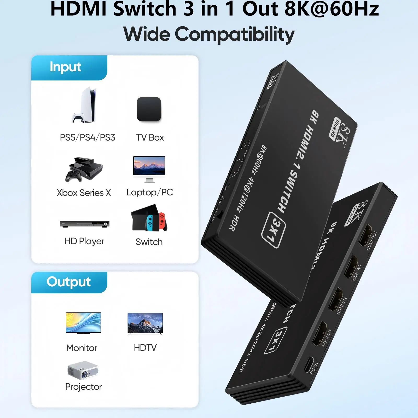

HDMI Switch 3/4/5 in 1 Out 8K@60Hz,HDMI Splitter with Remote 3/4/5 Port Switcher Selector Box Support 3D CEC HDR HDCP2.3 PS5/4/3