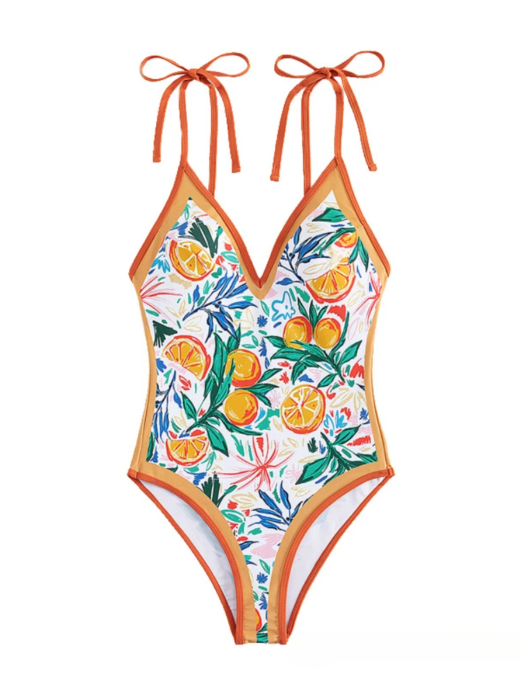 Beach Style Summer Women's Bikini V-Neck Strappy Backless Slim Fruit Print High Waist Female Trendy Fashion One Piece Swimsuit