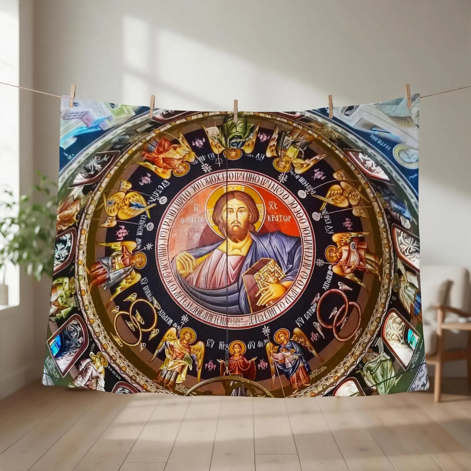 Jesus Christ Greek Church Ceiling Art Photograph Throw Blanket couch cozy soft plush fuzzy picnic outdoor blanket