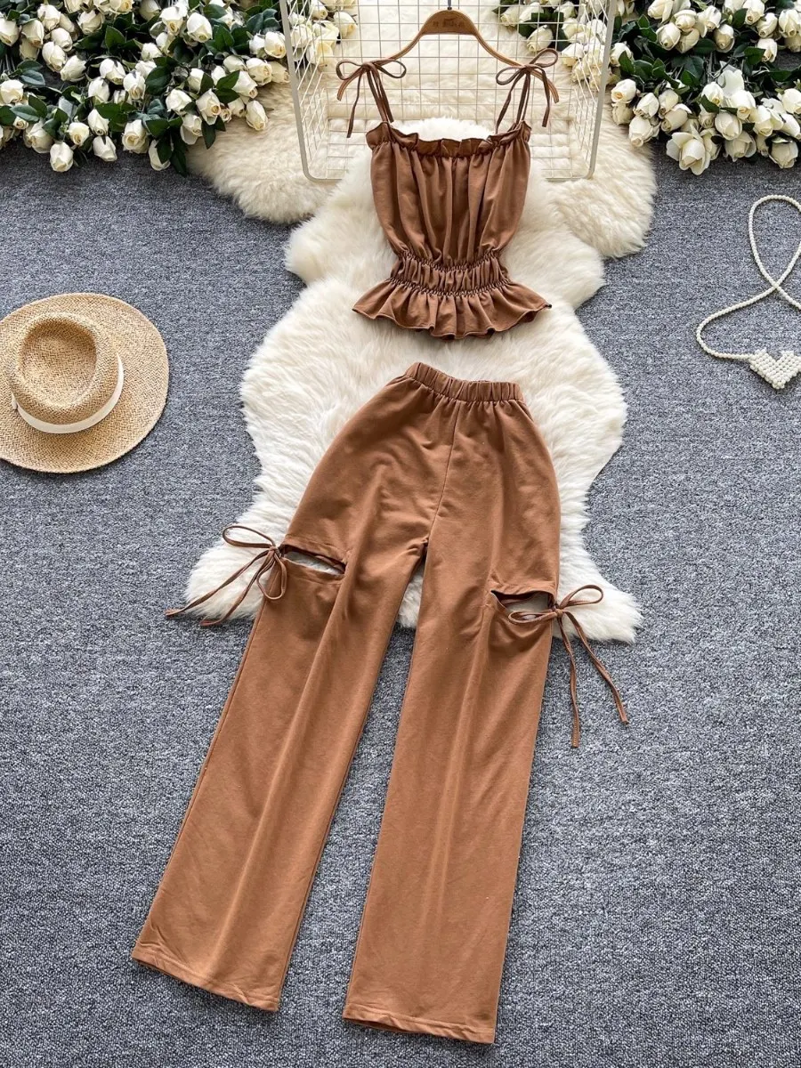 

Foamlina Летний топ с завязками на талии и широкими брюками с завязками на талии и высокой талией, милый комплект из двух предметов