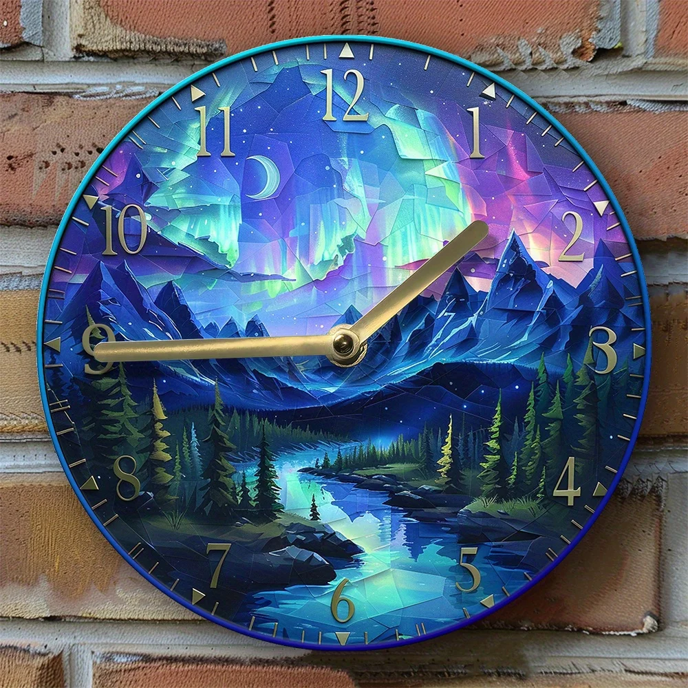 Silent Wall Clock With 2D Effects - Diy, Autumn & Northern Lights Theme - Perfect For Entrance Decor & Mother'S Day Gift