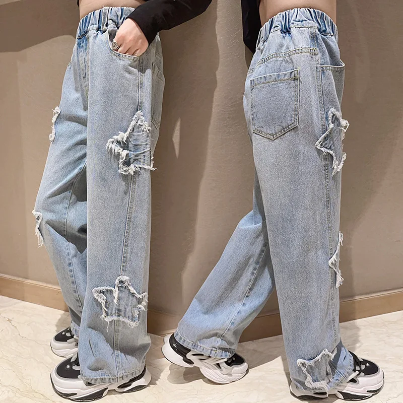 Girls Jeans 2024 Spring New Paste Cloth Five-pointed Star Wide Leg Pants Kids Trendy Teenage Children's Trousers 8 10 12 Years