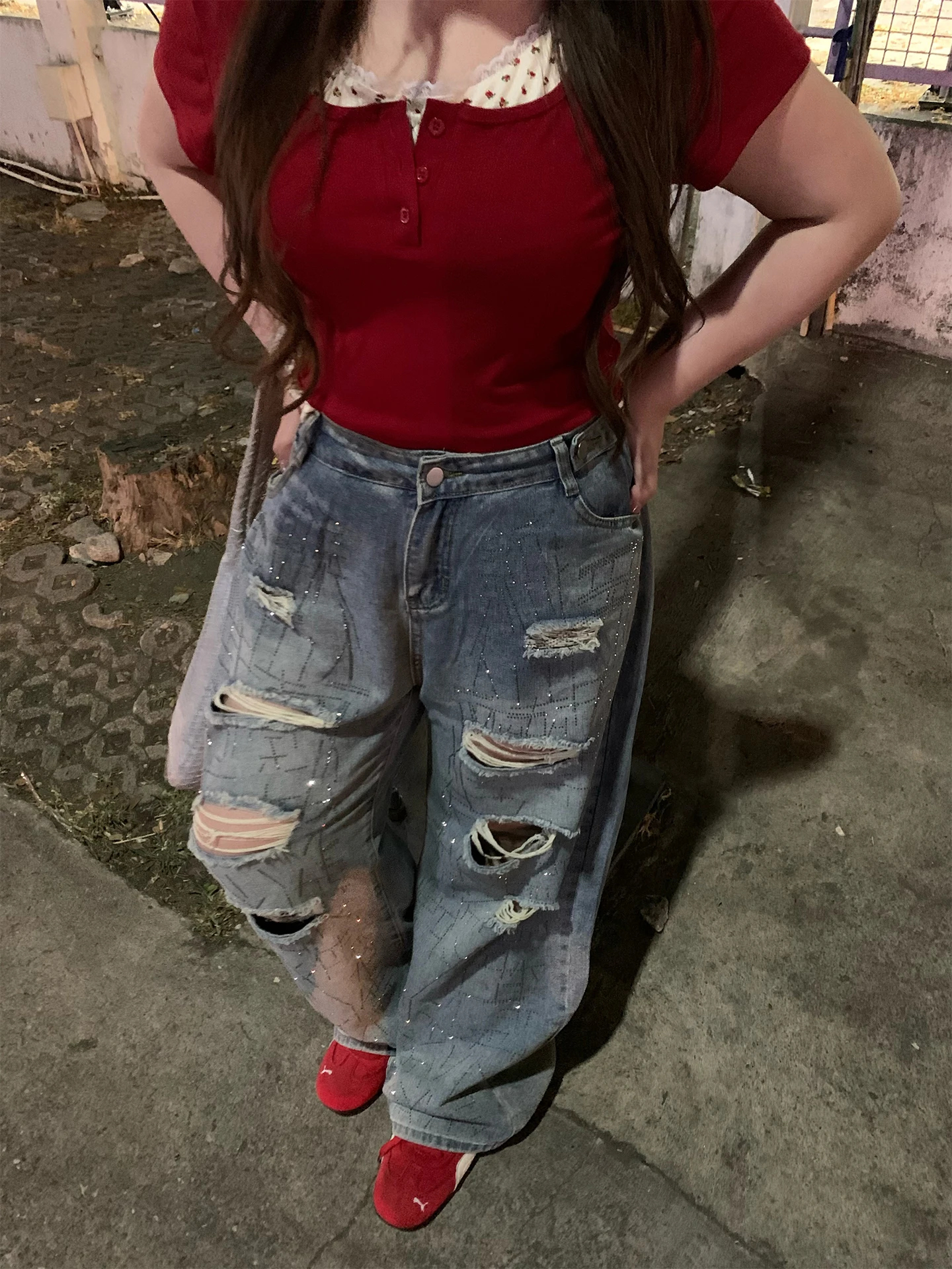 

Sunny High Waist Wide Leg Denim Jeans Women's Sweet Cool Vintage Hole Punch Spring Fashion Ladies Straight Cut Cotton Trousers