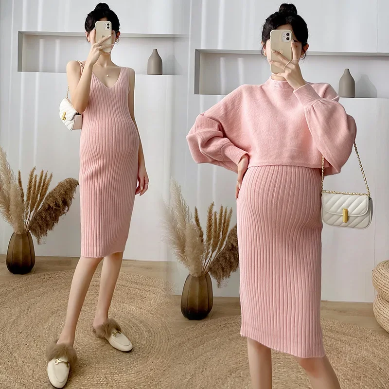 2022 2PCS/Set Autumn Winter Korean Fashion Knitted Maternity Sweaters Dress Suits A Line Slim Clothes for Pregnant Women Lovely