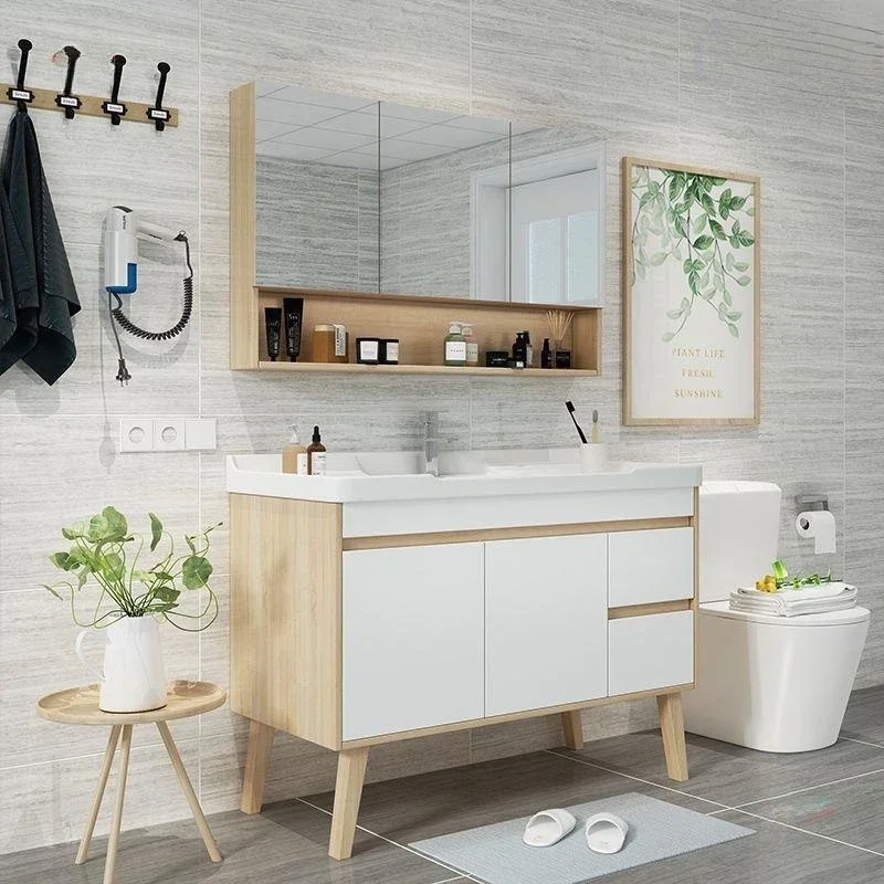 

Nordic Multi-layer Floor Solid Wood Bathroom Cabinet Ceramic Basin Wall Bathroom Vanity Cabinets Under Sink Bathroom Furniture