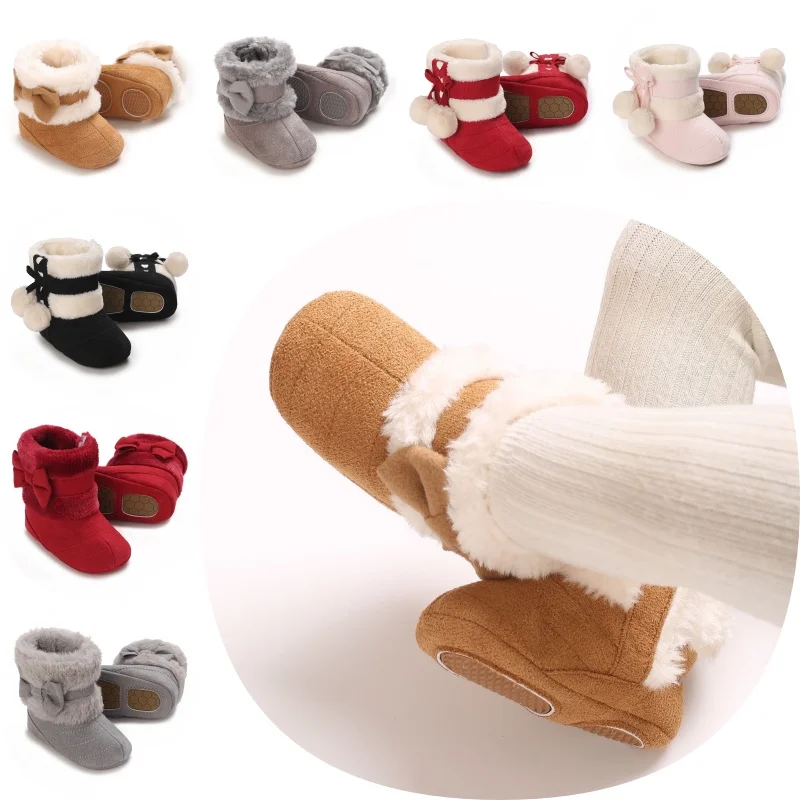 Winter Plush Baby Shoes Cotton Boots With Bow Decoration Soft Sole Anti Slip Plush Warm 0-18M Baby Snow Boots