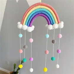 Hand-woven Five Strands Rainbow Clouds Hanging Decoration Colorful Pom Pom Felt Ball Tassel Wall/Window Hanging Decoration Craft