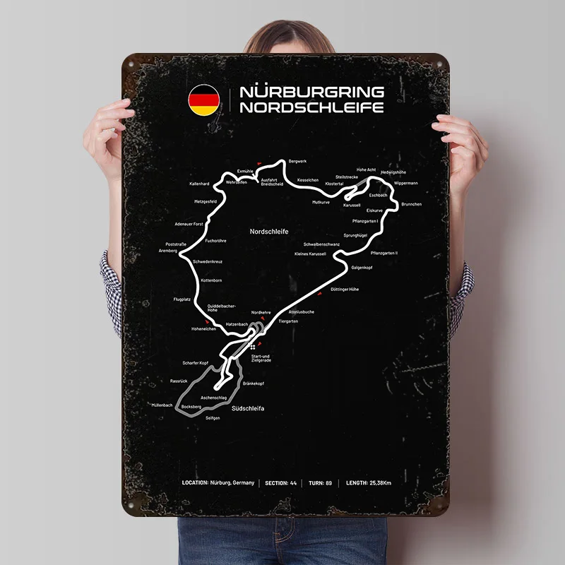 Nürburgring Nordschleife Rennstrecken-Poster Individualisierte Vintage Metallschilder Wandkunst Retro Blechschild für Individuelle Platten-Dekoration