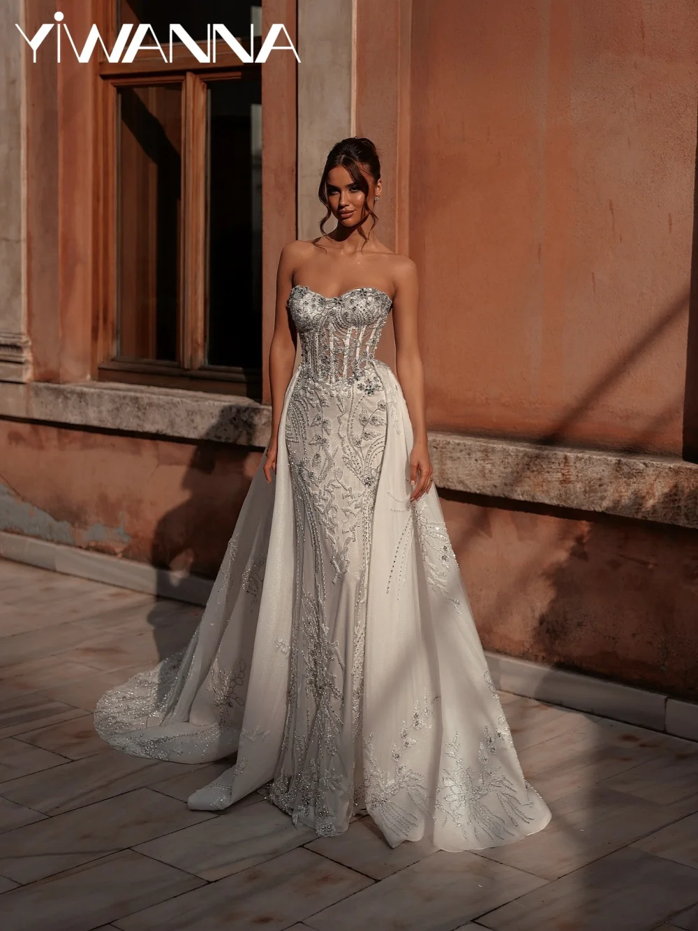 

New Embroidery Detachable Train Embroidery Wedding Dress Sweetherat Neck Long Bridal Gown Customized Dazzling Dresses For Bride