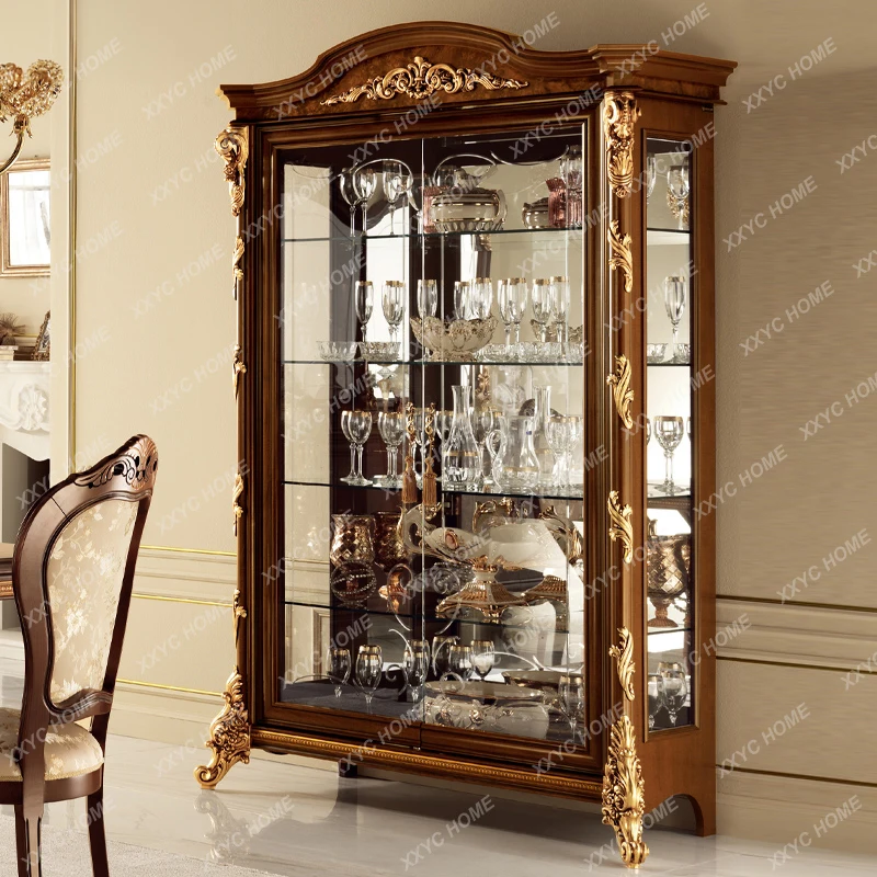 Solid wood wine cabinet living room classical luxury double door glass locker decoration
