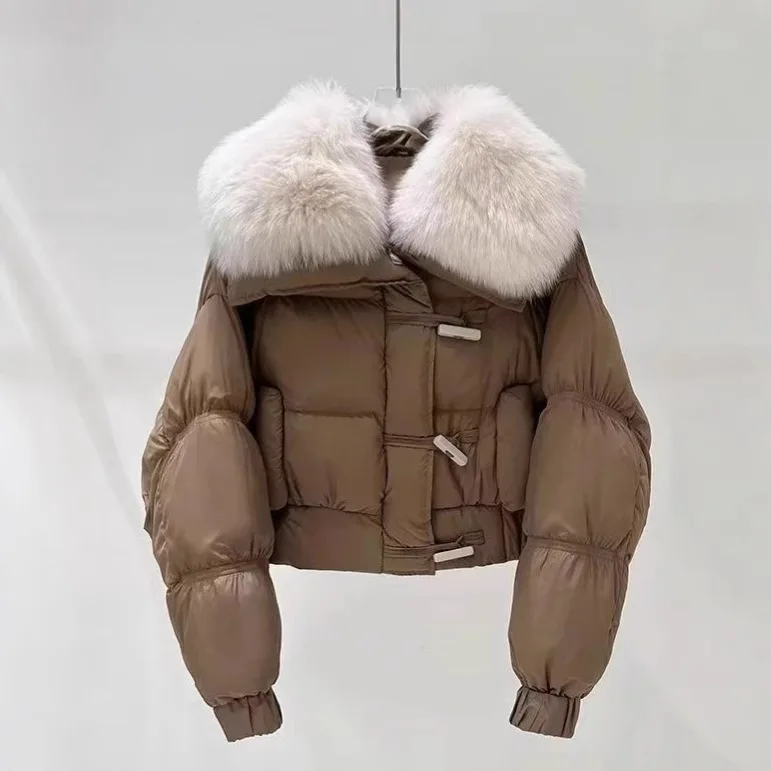 

2025 Big Hair Collar Short Cotton Jacket Women's Winter New Winter Coat Bull Horn Button