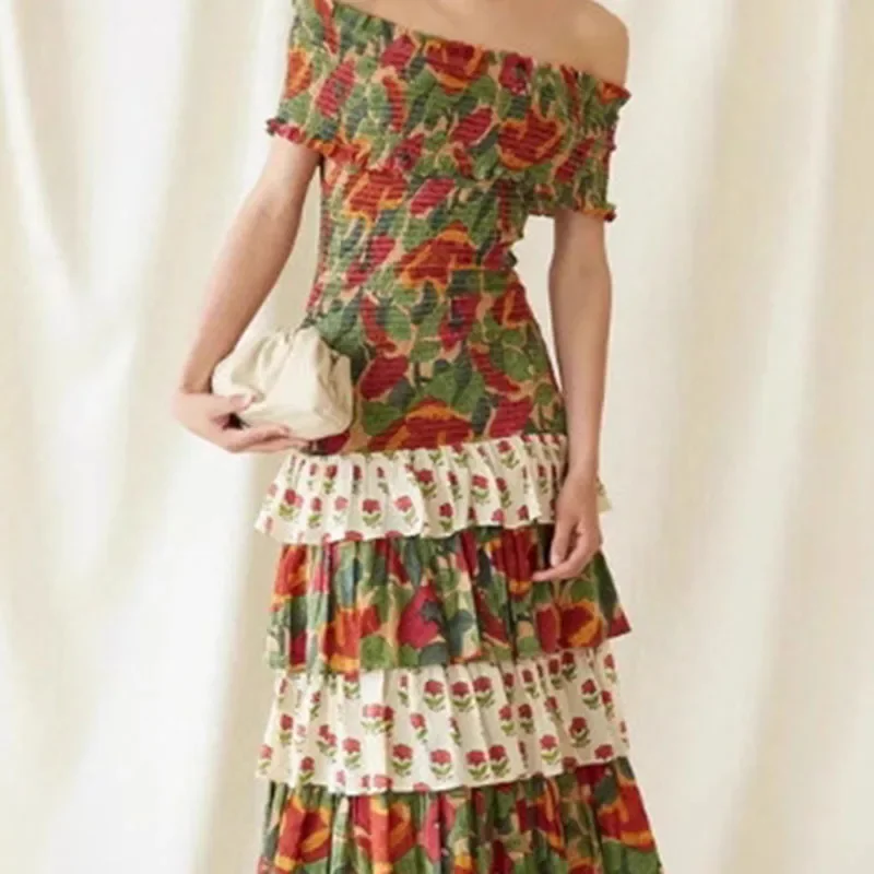 Verão vintage étnico manga curta vestido longo da mulher casual impressão em camadas plissado robe vestido elegante férias emendado vestido de festa