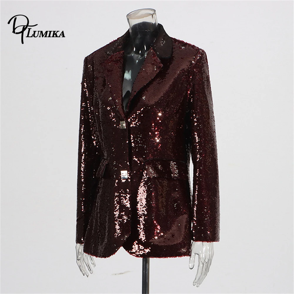 DTLumika Shiny Sequins Suit Jacket for Women, Burgundy & Black Formal Slim Fit Suit Blazer Actual Photo Full Sleeves Party Suits