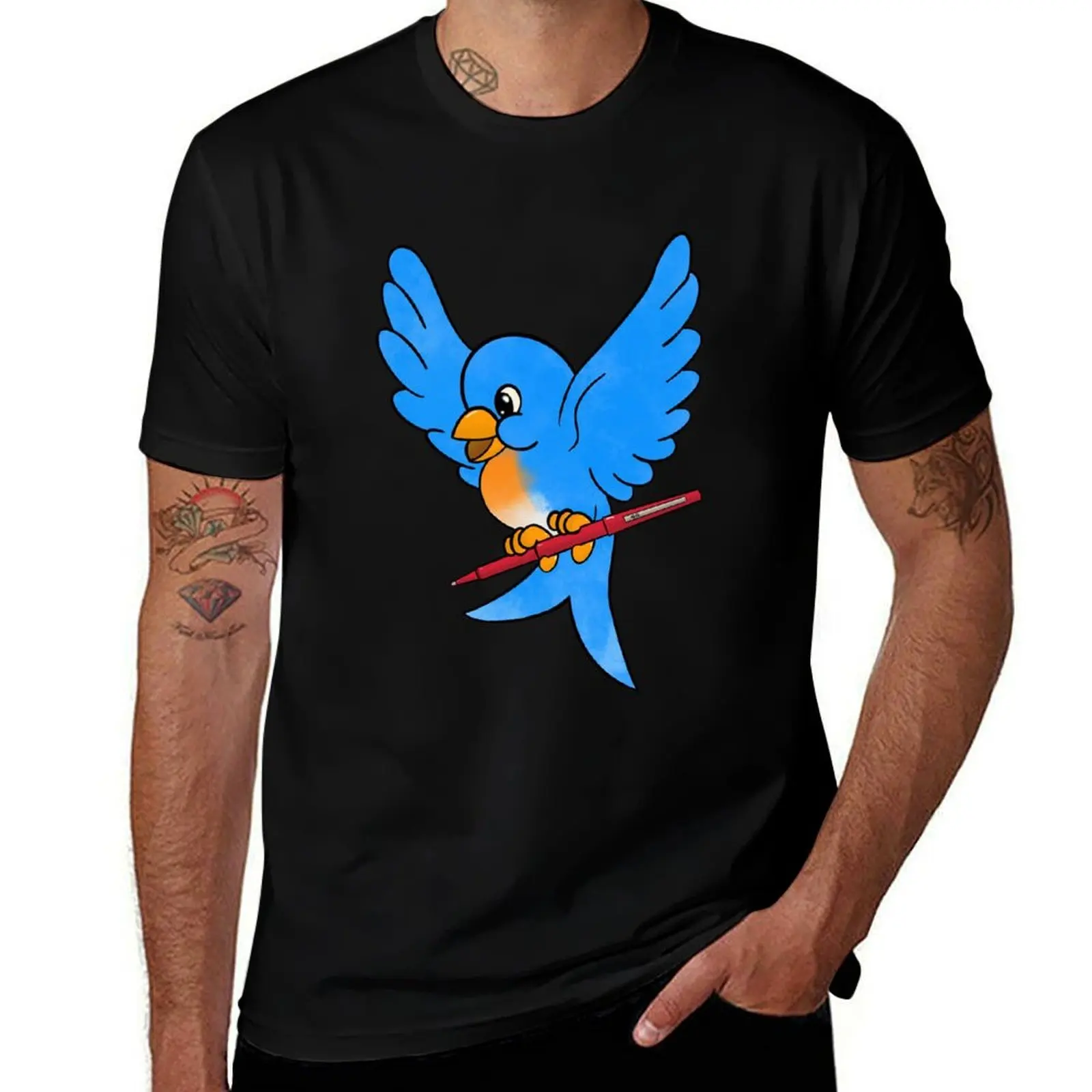 

oversize anime bird t shirts T-Shirt with man pen t shirts cotton Blue a designer red 100% t shirts