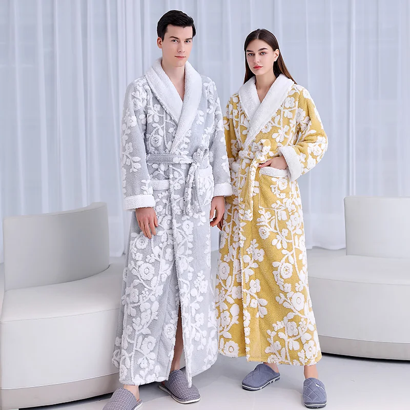 Jacquard Double Layer Thicken Robe Gown Women and Men Sleepwear Winter Warm Nightgown Coral Fleece Lovers\' Bathrobes Lingerie