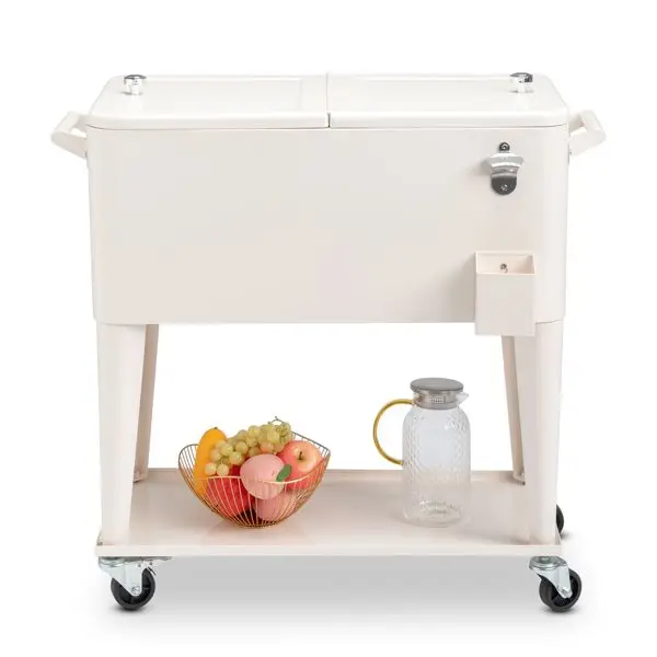 80QT Milk White Cooler Box 87.5*38.5*91cm Rectangular Plastic with Iron Leg Tube Freezer Insulation Cart
