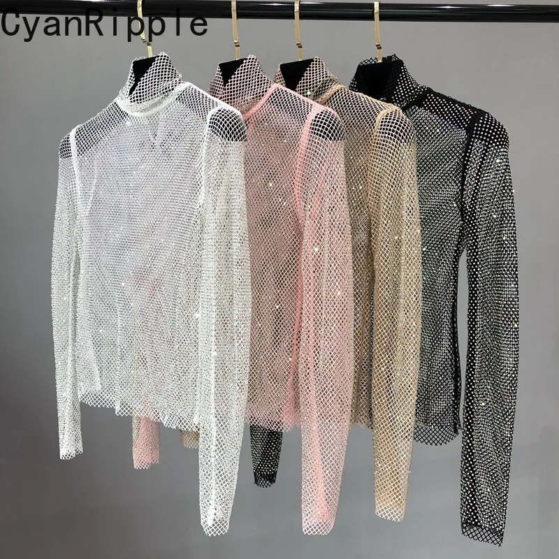 Blingbling Shiny Diamonds Hollow Out Mesh Long Sleeve T-shirt Half High Collar Sexy Perspective Super Fairy Basic Pullover Tops