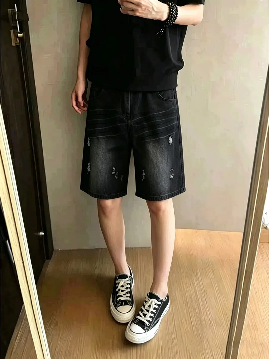Cleanfit Blue Lightning Pattern Ripped Denim Shorts Men's American Loose Washed Tie Dye Five-Point Pants Youth Summer Fashion