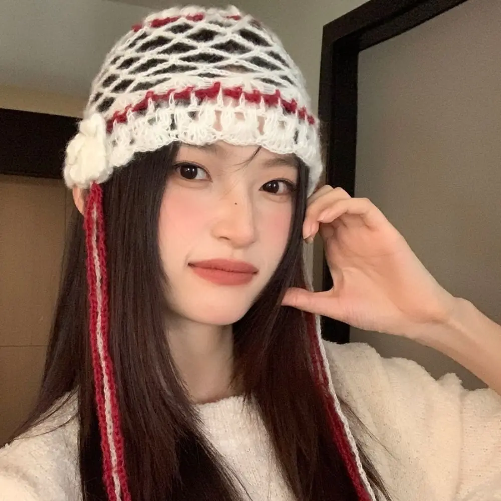 Fashion Bohemian Hollow Knitted Beanies Hat Butterfly Sweet Tassel Pullover Hat Handmade Weave Korean Crochet Cap Autumn