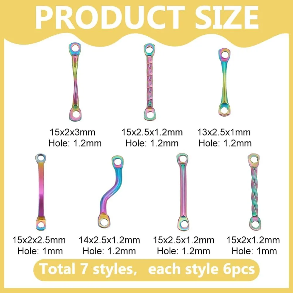 7 Styles 42pcs Bar Link Connectors Rainbow Color Twisted Bar Link Charms Stainless Steel Connector Charms Curved Bar Link
