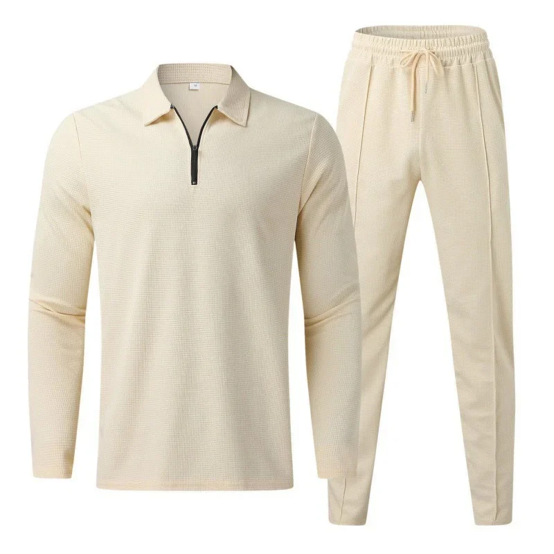LIBIELIY Spring Autumn Men's American New Casual Solid 2 Pieces Sets Turn-down Collar Long Sleeve T-shirts Drawstring Sweatpants