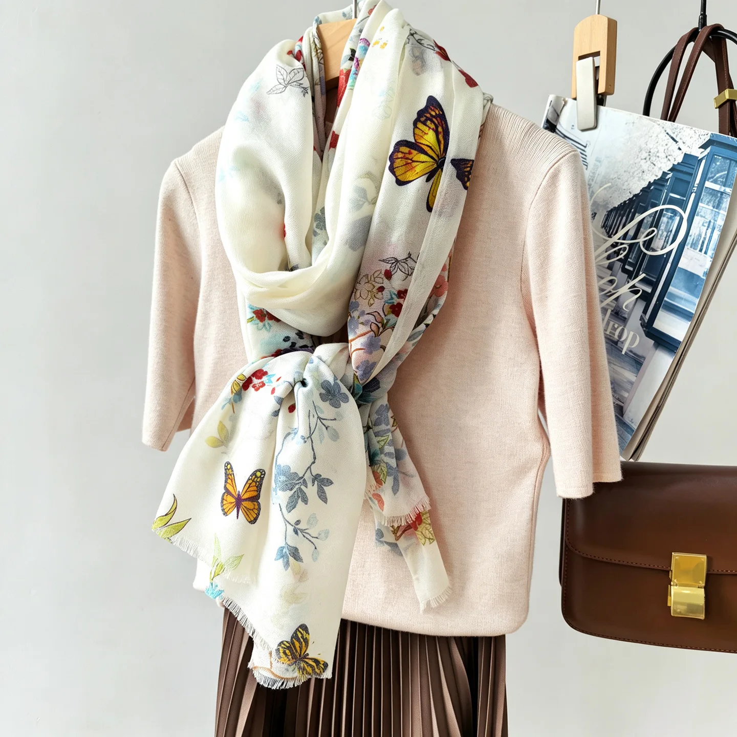 Women's 100% Wool Large Shawl Watercolor Butterfly Floral Print Scarf Soft Neck Wrap Vintage Botanical Shoulder Cape Cover