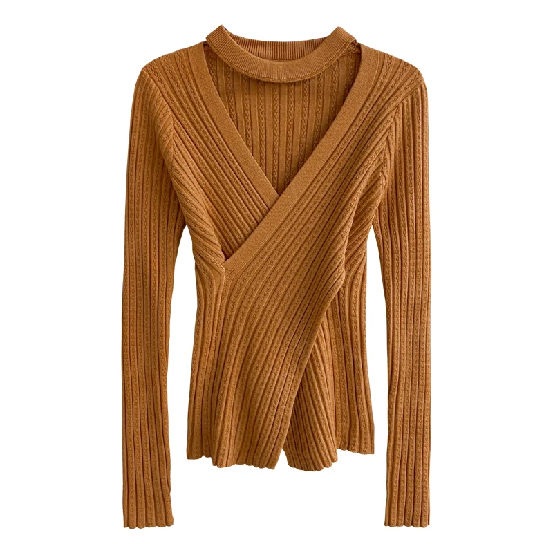 Fashion Autumn Cut Out Sexy Women Knitted Tops 2024 Elegant Long Sleeve Sweater Winter Slim Solid Casual Clothing