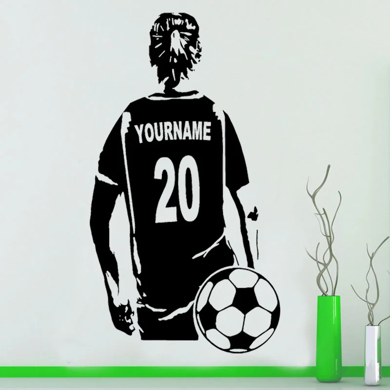 Custom Soccer Girl Name and Number Wall Sticker Vinyl Home Decor Girls Room Bedroom Football Sport Decals Removable Murals G009