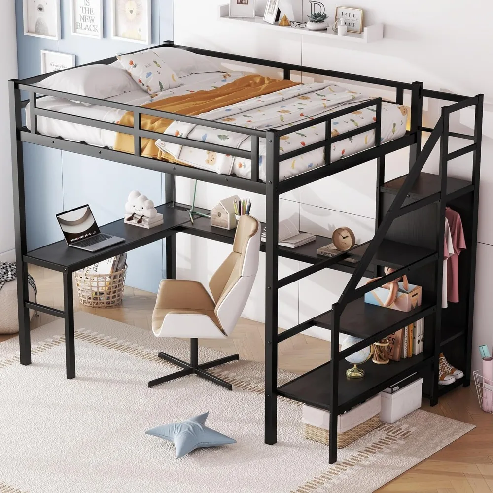 Cama Loft Full Size com Escadas e Guarda-Roupa, Heavy Duty Loft Bed com Mesa, Estação de Carregamento, Porta USB, Tomadas, Cama Quadro