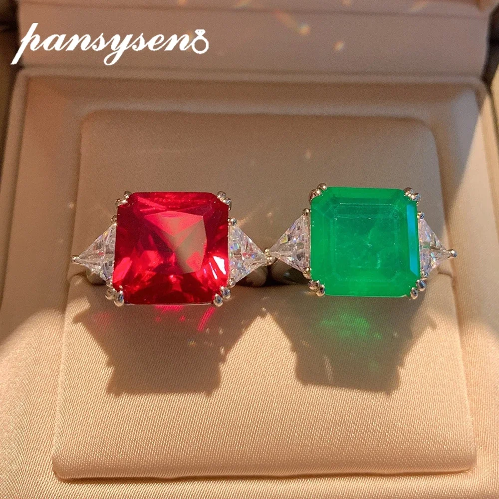 

PANSYSEN Vintage 100% 925 Sterling Silver 12MM Square Emerald Ruby Ring for Women Men Anniversary Fine Jewlery Gift Wholesale