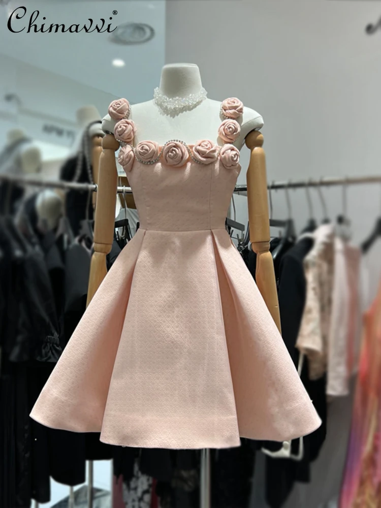 

Rhinestone 3d Flower Decoration Birthday Dresses Women 2024 Spring Summer New Square Collar Sweet Sexy Party Dress Female