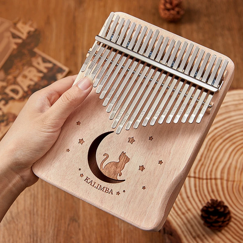 17 Key Mahogany Kalimba 21 Key Thumb Piano Finger Piano for Beginner Cat Moon Mbira Gifts for Adults/Kids