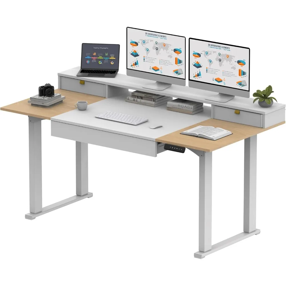 مكتب قائم كهربائي مع أدراج، مكتب كمبيوتر قابل للتعديل بارتفاع 63 × 32 بوصة، مكتب قائم للمكتب المنزلي مع 3 ارتفاعات مسبقًا