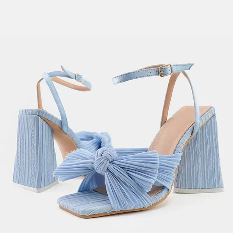 Liyke Size 44 45 46 Fashion Pleated Butterfly-Knot Womens Sandals Gladiator Peep Toe Buckle Strap Triangle High Heels Dress Shoe