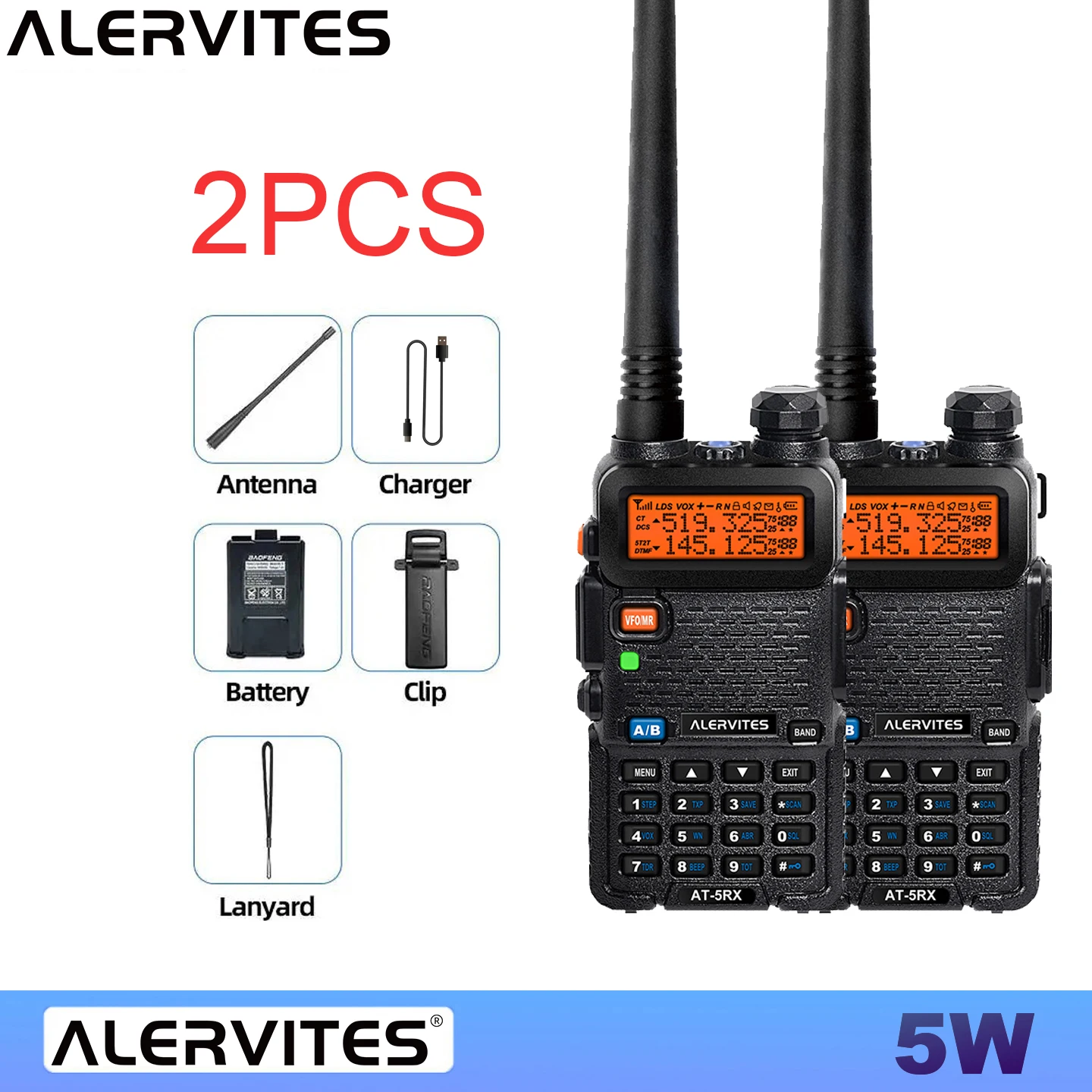ALERVITES 2PCS AT-5RX 5RX radio, 5W/8W high-power dual-frequency two-way radio, remote handheld portable Baofeng walkie-talkie
