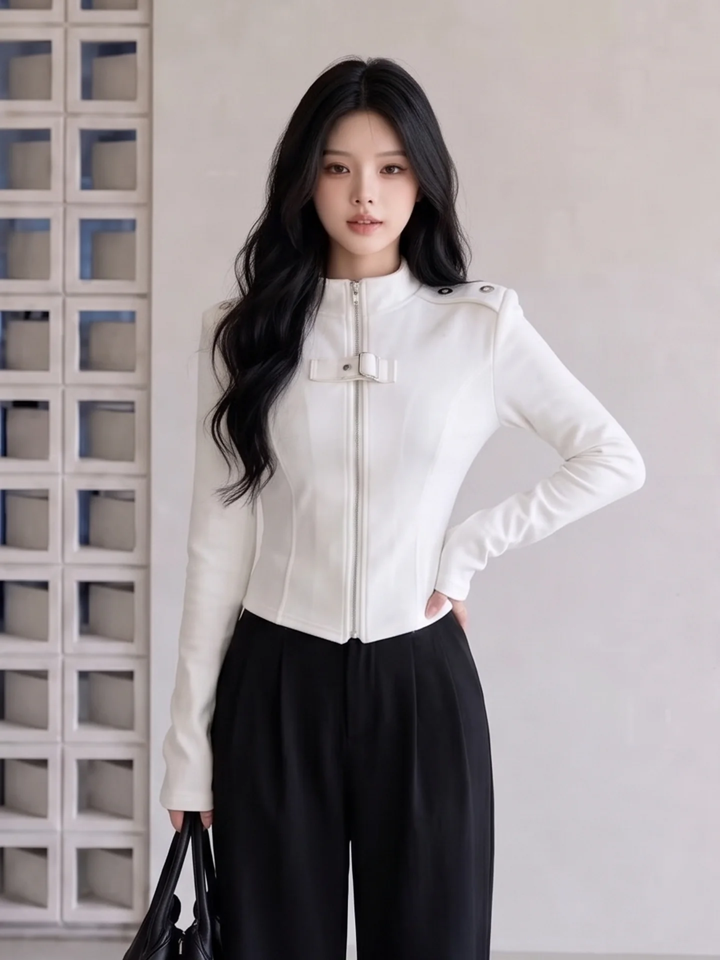 Slim Fit Long Sleeve T-Shirt Women's Short Thickened Jacket Style American Motorcycle Wind Shoulder Buckle Stand Collar Top