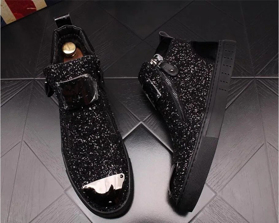 New style men\'s ankle boots punk rock high top trend shoes boots hairdresser sequins shoes men