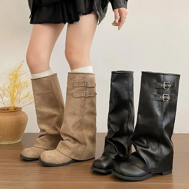 Botas de tacón de bloque para mujer, de ante, con punta puntiaguda, plegables, hasta la rodilla, con correa de hebilla, estilo pantalón, para otoño e invierno