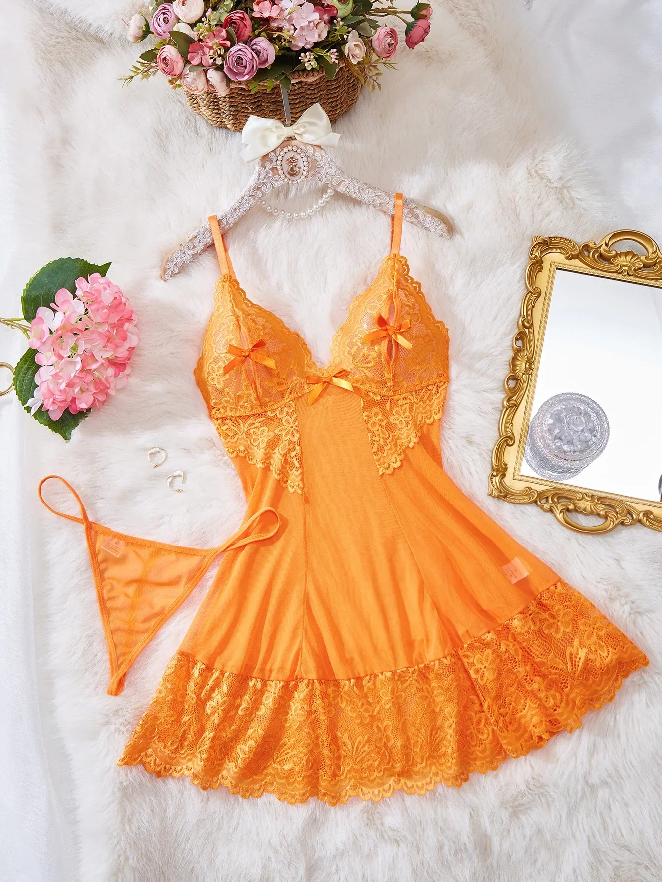 

Women Nightdress Sexy Lace Chemise Bow Nightgown Sleepwear Mini Dress V Neck Full Slip Babydoll Lingerie Sleepwear & Dresses