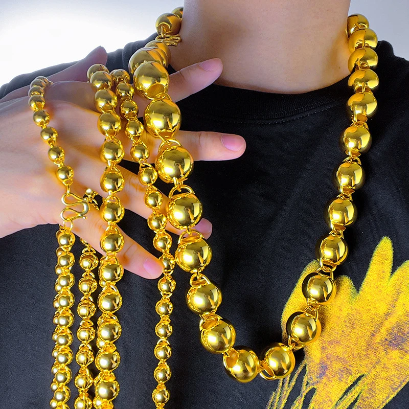 Luxury 100% Real 24K Gold Solid Smooth Round Bead Necklace, Unisex Minimalist Chain For Men & Women Daily Wearen Daily Wear