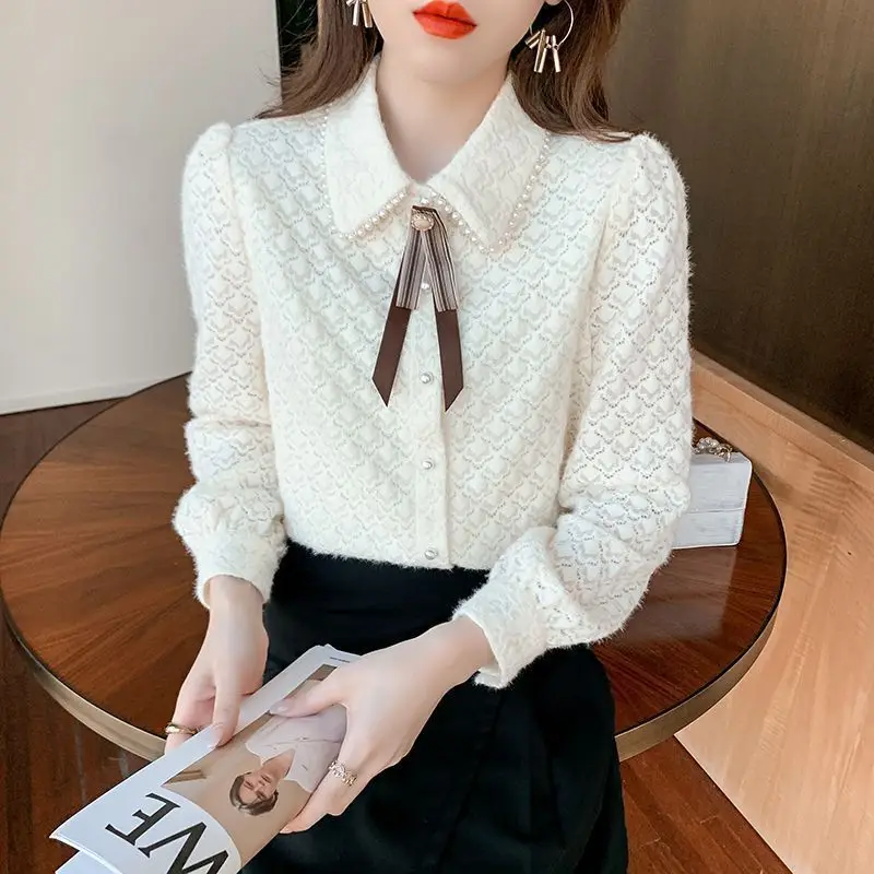 Bow Tie Women's Shirt Fashionable and Stylish Top with French Lace and Velvet Base Inner Layer