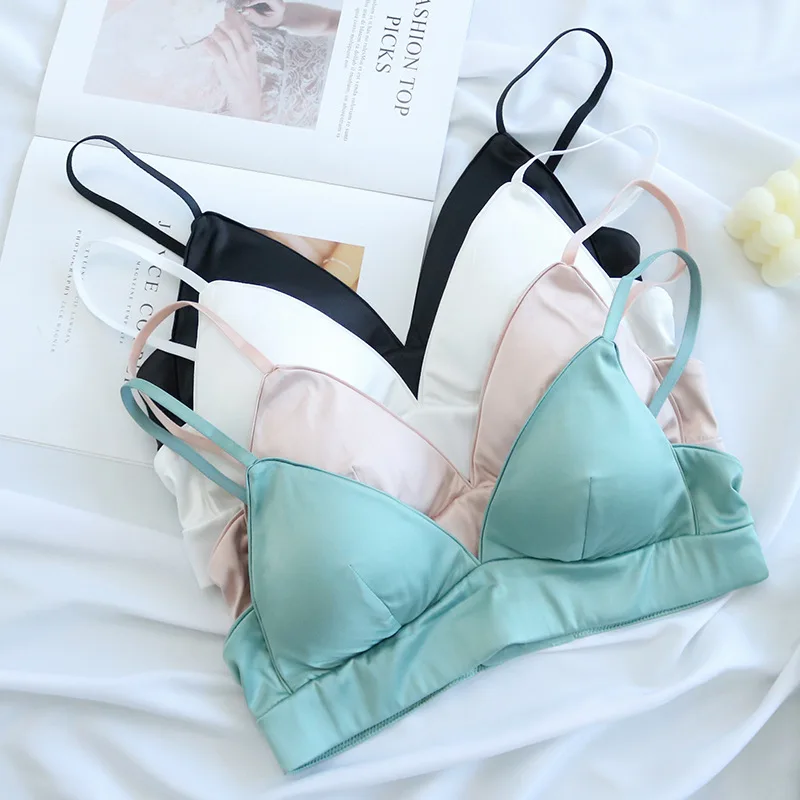 2023 New Silk Satin French Bra Without Steel Ring Thin Natural Silk Triangle Cup Women\'s Sexy Bra